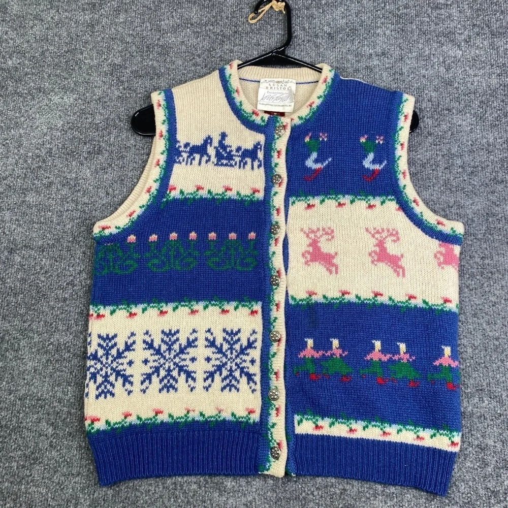 Susan Bristol Vintage 1989 Shetland Wool Sweater Vest Blue Winter Intarsia Small